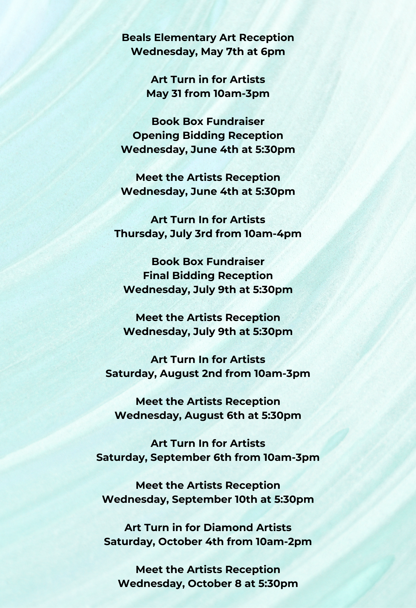 Copy of 2024 Art in the Library Schedule Beals Elementary Art Reception Wednesday, May 8 from 6-7pm Cutting Board Fundraiser Opening Bidding Reception Wednesday, June 5 from 6-7pm Cutting Board Fu